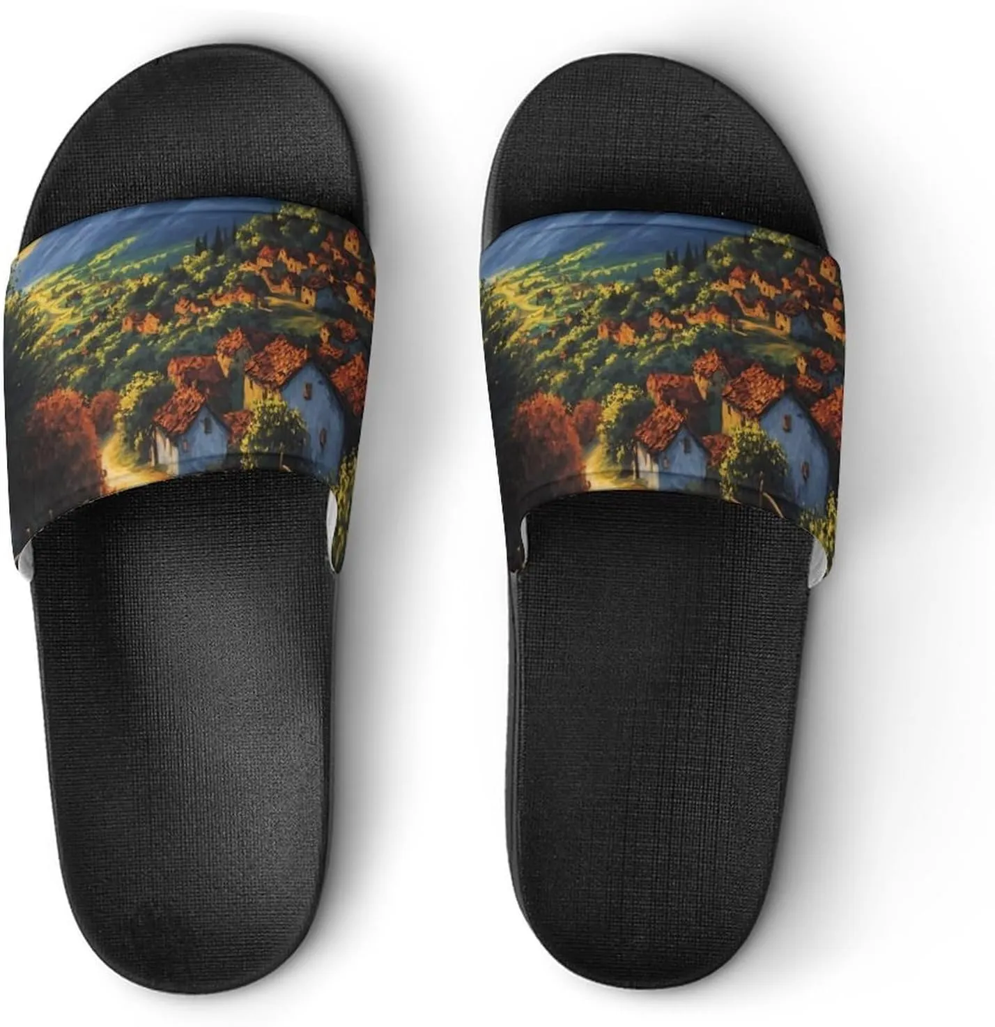 Sunset Village Scenery Funny House Sandals Non Slip Shower Slippers Quick Drying Bathroom Shoes for Women Men