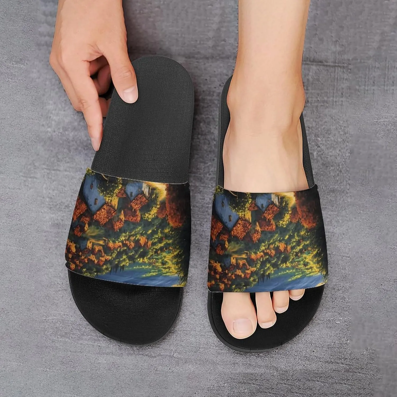 Sunset Village Scenery Funny House Sandals Non Slip Shower Slippers Quick Drying Bathroom Shoes for Women Men