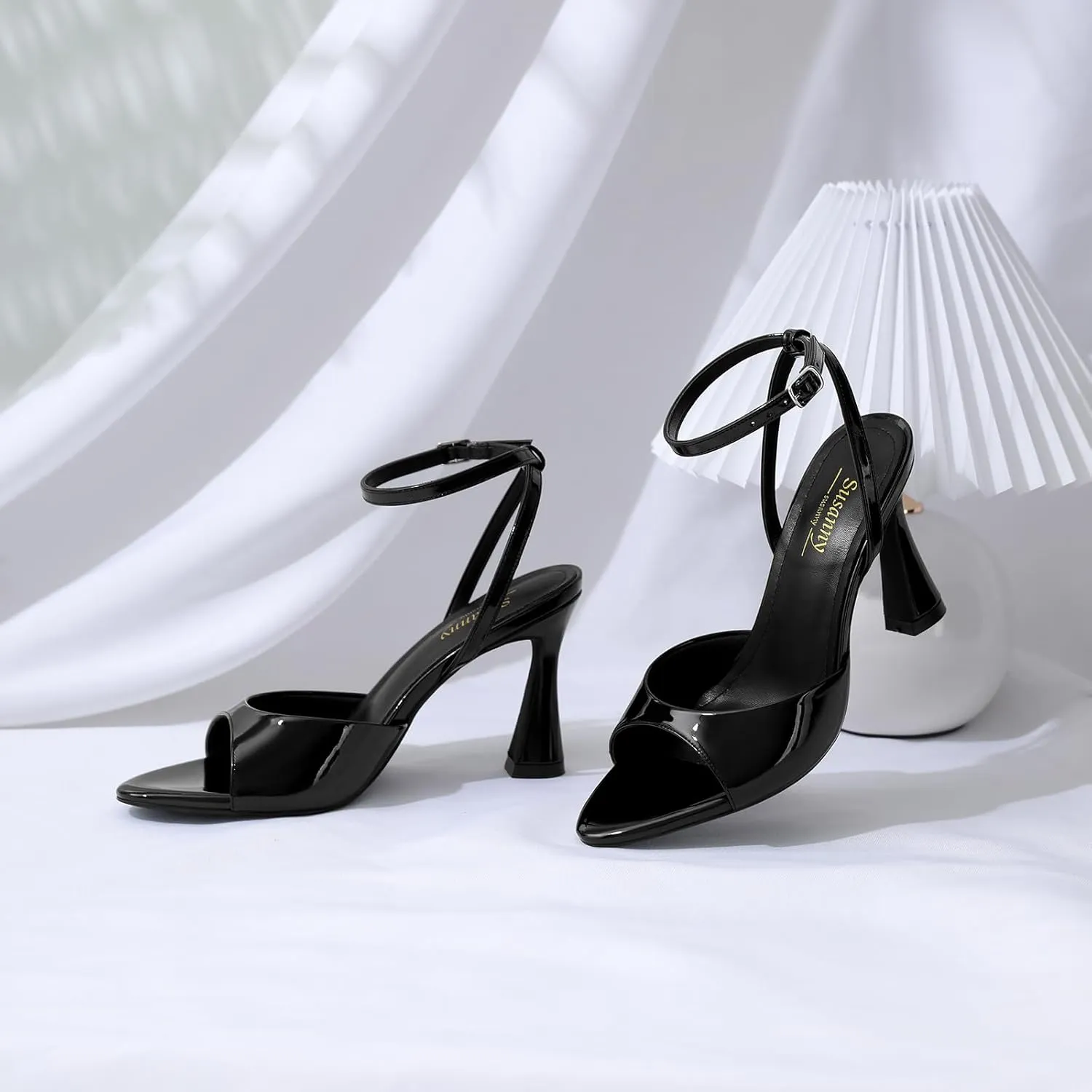 Susanny High Heels for Women Pointed Open Toe Strappy Chunky Block Heels Ankle Strap Stiletto Kitten Heeled Sandals Wedding Bridal Party Prom Sexy Dress Shoes