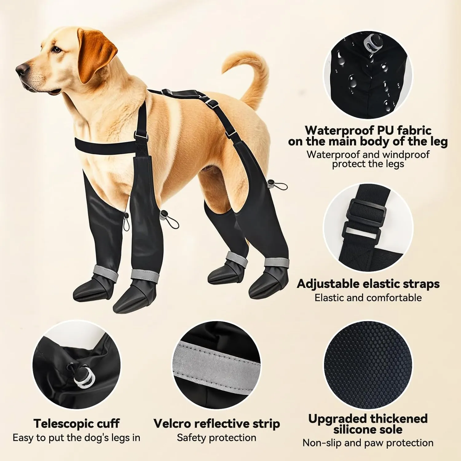 Suspender Boots for Medium Large Dogs, Tall Dog Boots Anti-Slip & Fall Waterproof Dog Shoes Leggings, Adjustable Paws Protector for Dogs Winter Snow Rain Hiking (M)
