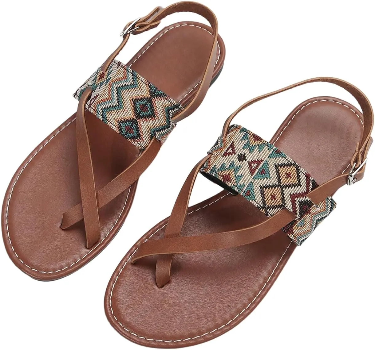 SweatyRocks Women's Tribal Print Toe Ring Flat Sandals Ankle Strap Slip On Beach Sandals