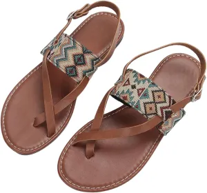 SweatyRocks Women's Tribal Print Toe Ring Flat Sandals Ankle Strap Slip On Beach Sandals