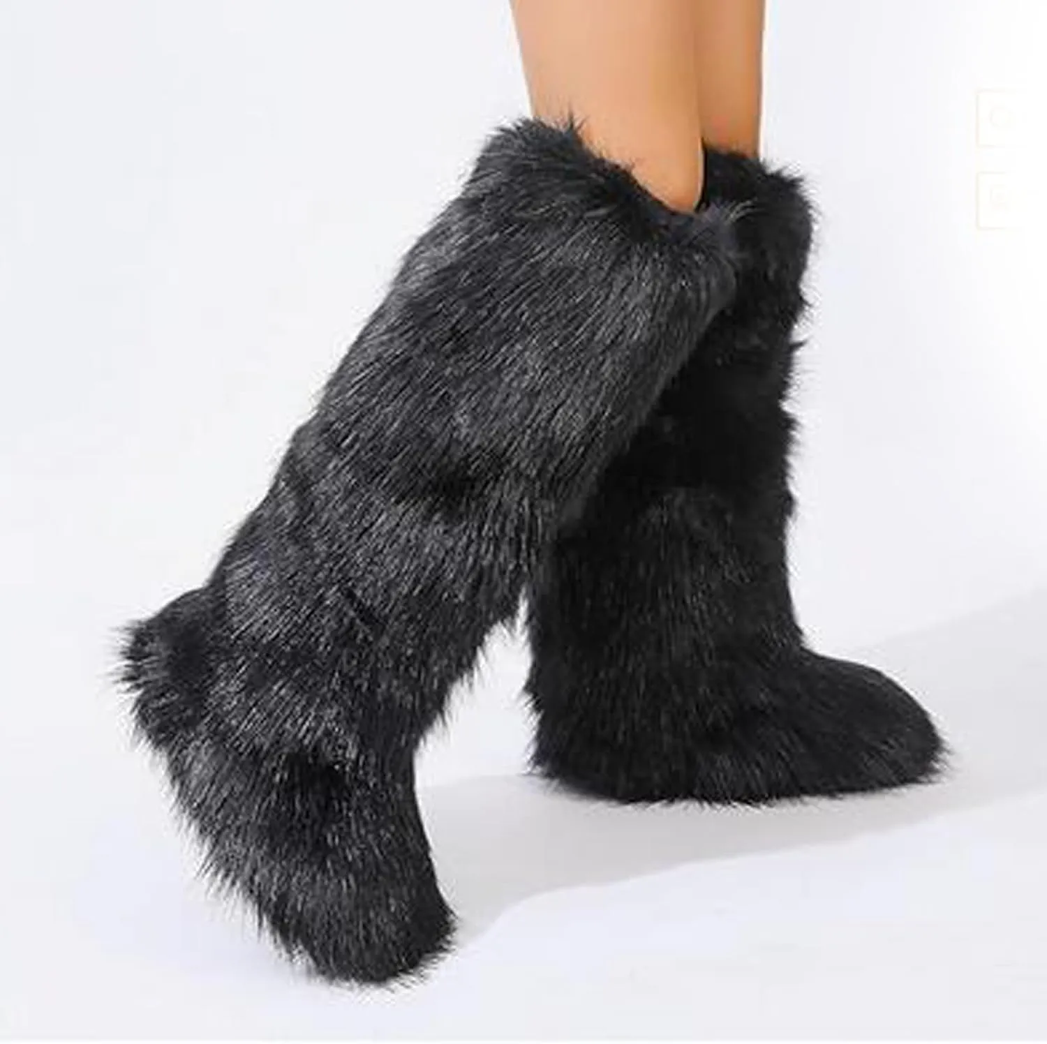 Tall Furry Faux Fur Boots for Women,Winter Snow Fluffy Long Boots for Girls,Knee-High Flat