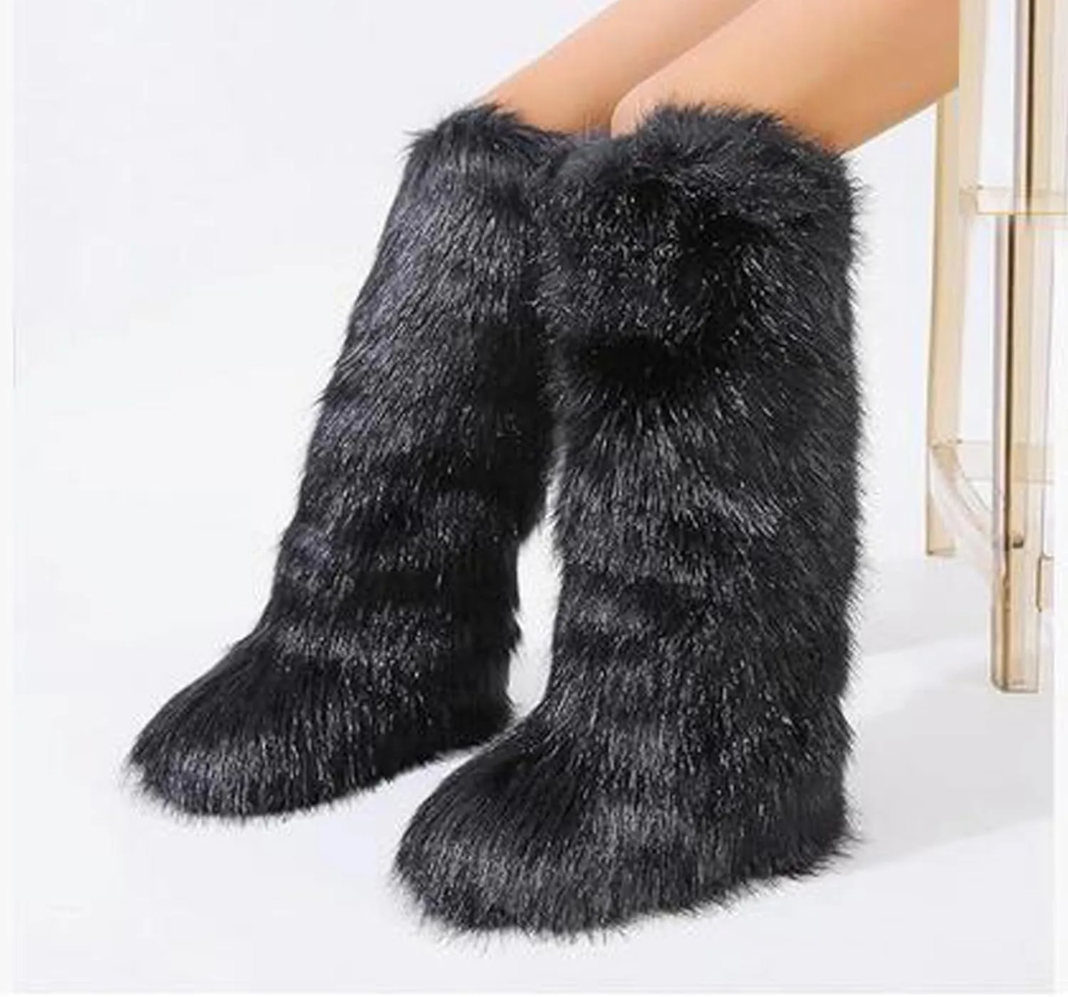Tall Furry Faux Fur Boots for Women,Winter Snow Fluffy Long Boots for Girls,Knee-High Flat