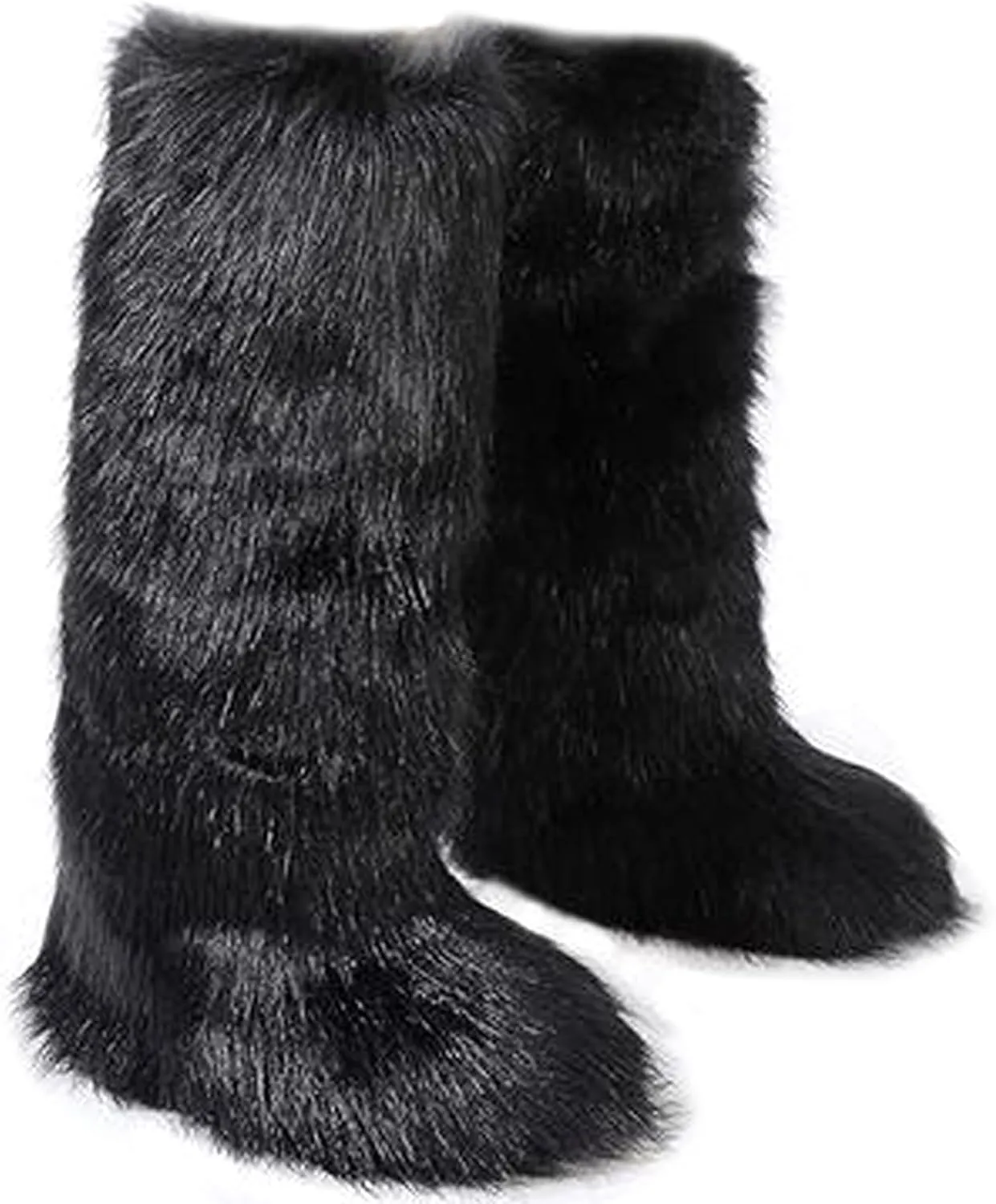 Tall Furry Faux Fur Boots for Women,Winter Snow Fluffy Long Boots for Girls,Knee-High Flat