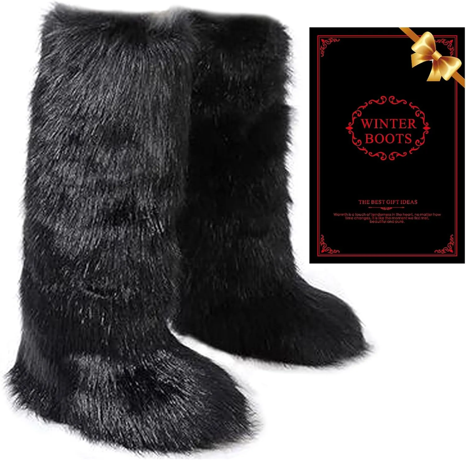 Tall Furry Faux Fur Boots for Women,Winter Snow Fluffy Long Boots for Girls,Knee-High Flat