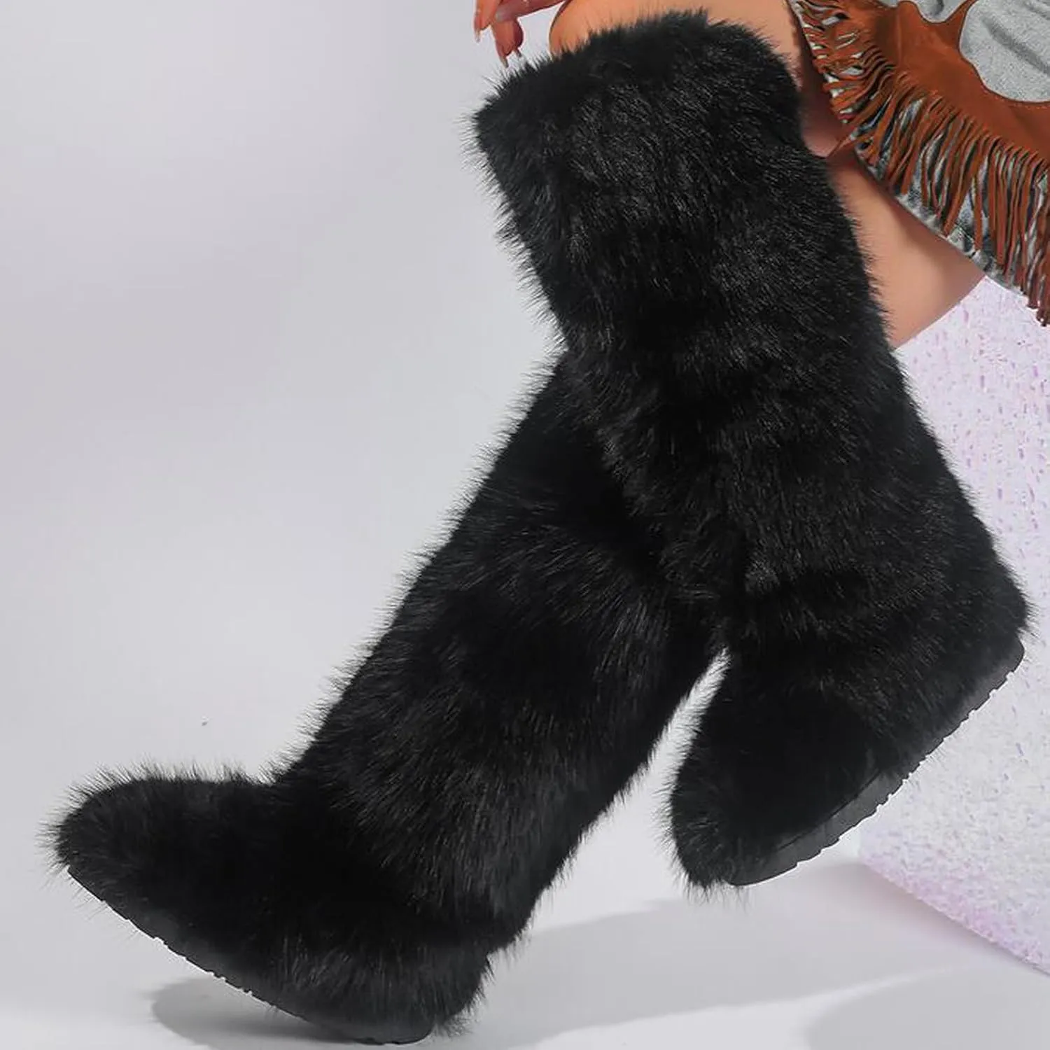 Tall Furry Faux Fur Boots for Women,Winter Snow Fluffy Long Boots for Girls,Knee-High Flat