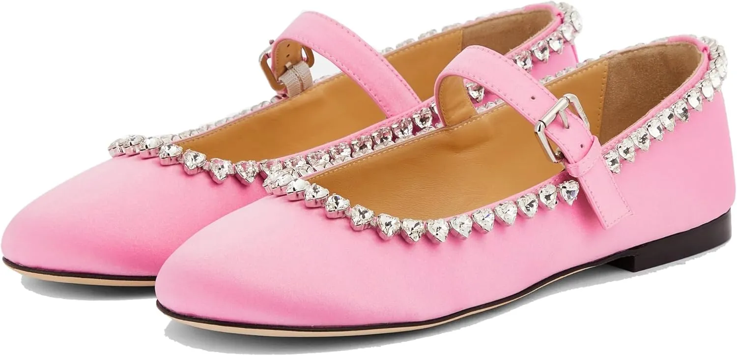 THESHY Women's Rhinestone Embellished Satin Ballet Flats Round Toe Ballerinas Flats Fashion Wedding Dressy Mary Jane for Women