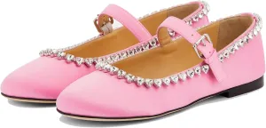 THESHY Women's Rhinestone Embellished Satin Ballet Flats Round Toe Ballerinas Flats Fashion Wedding Dressy Mary Jane for Women