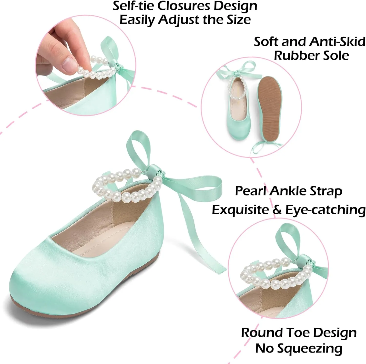 Toddler Flower Girl Dress Shoes - Little Girl Ballet Flats Pearl Strap for Wedding Party