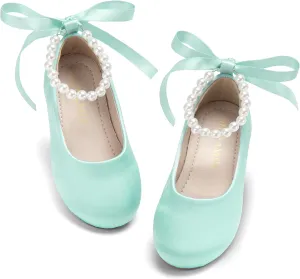 Toddler Flower Girl Dress Shoes - Little Girl Ballet Flats Pearl Strap for Wedding Party