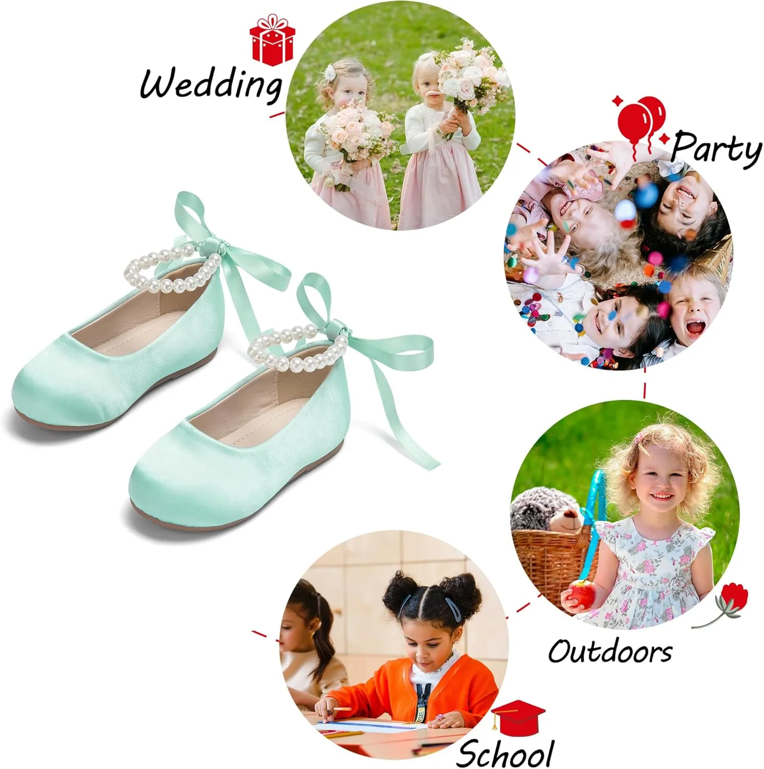Toddler Flower Girl Dress Shoes - Little Girl Ballet Flats Pearl Strap for Wedding Party