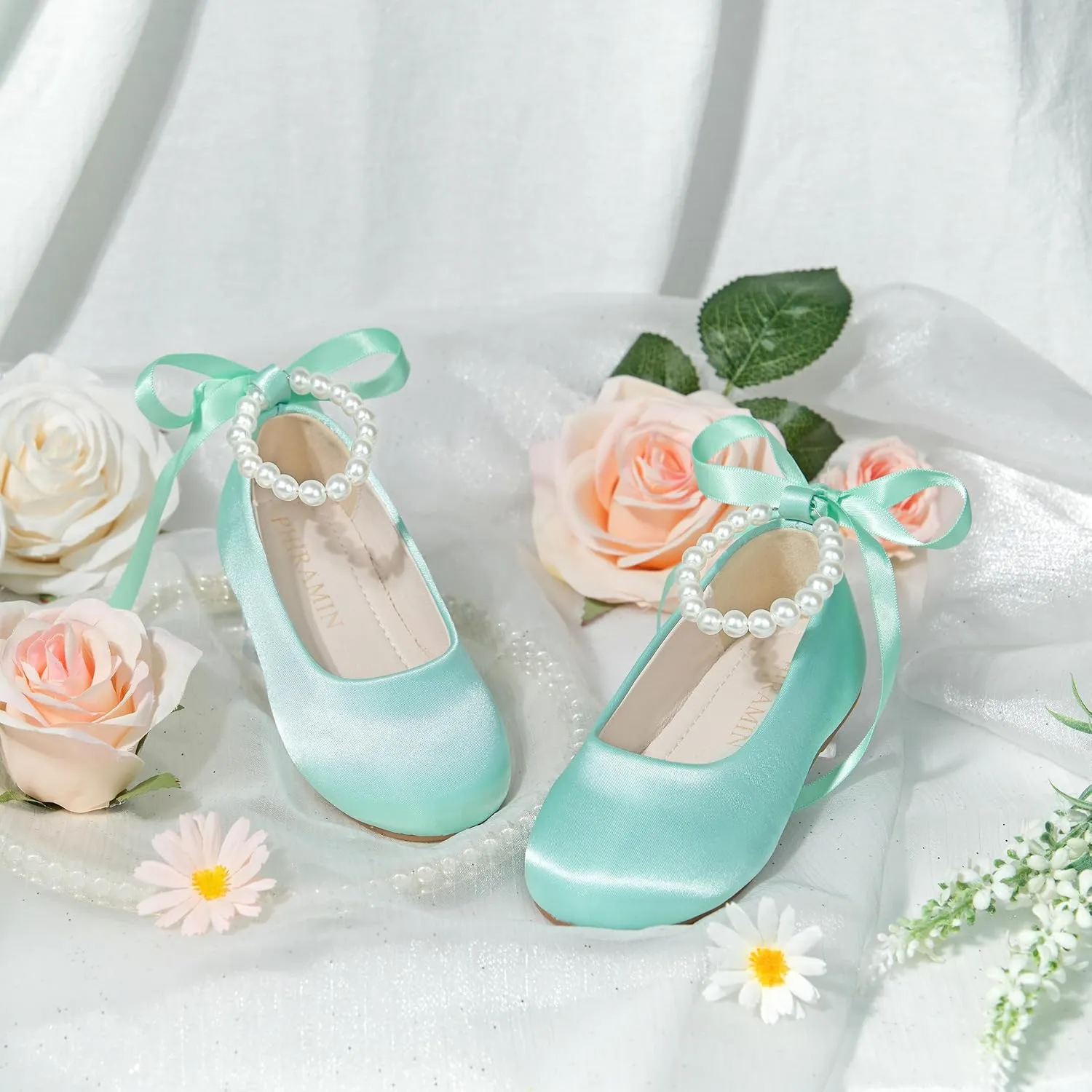Toddler Flower Girl Dress Shoes - Little Girl Ballet Flats Pearl Strap for Wedding Party