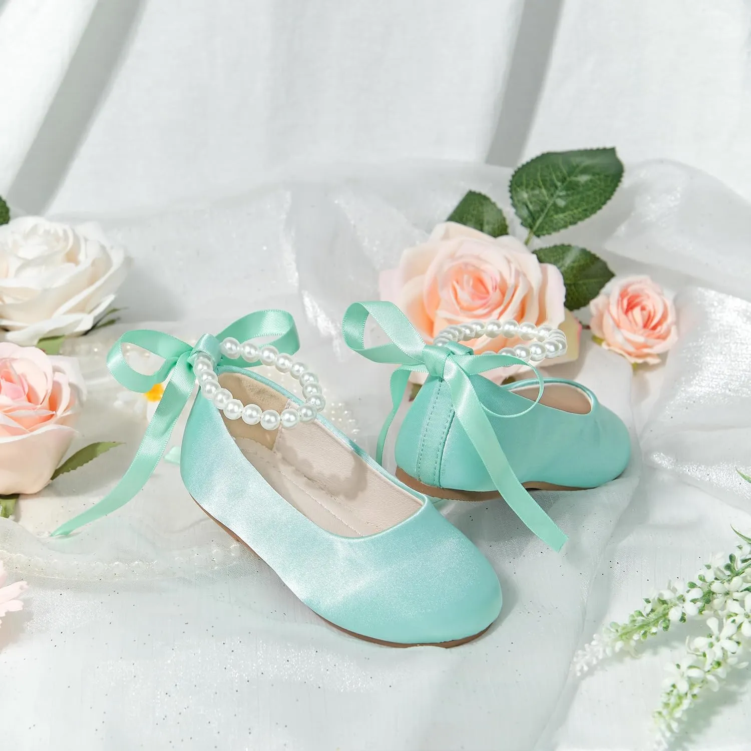 Toddler Flower Girl Dress Shoes - Little Girl Ballet Flats Pearl Strap for Wedding Party