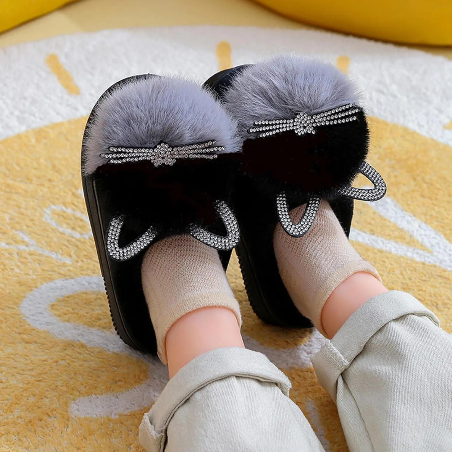 Toddler Fluff Slippers for Girls Boys Warm Household Shoes Winter Indoor Cotton Slippers with Microfleece ?ining