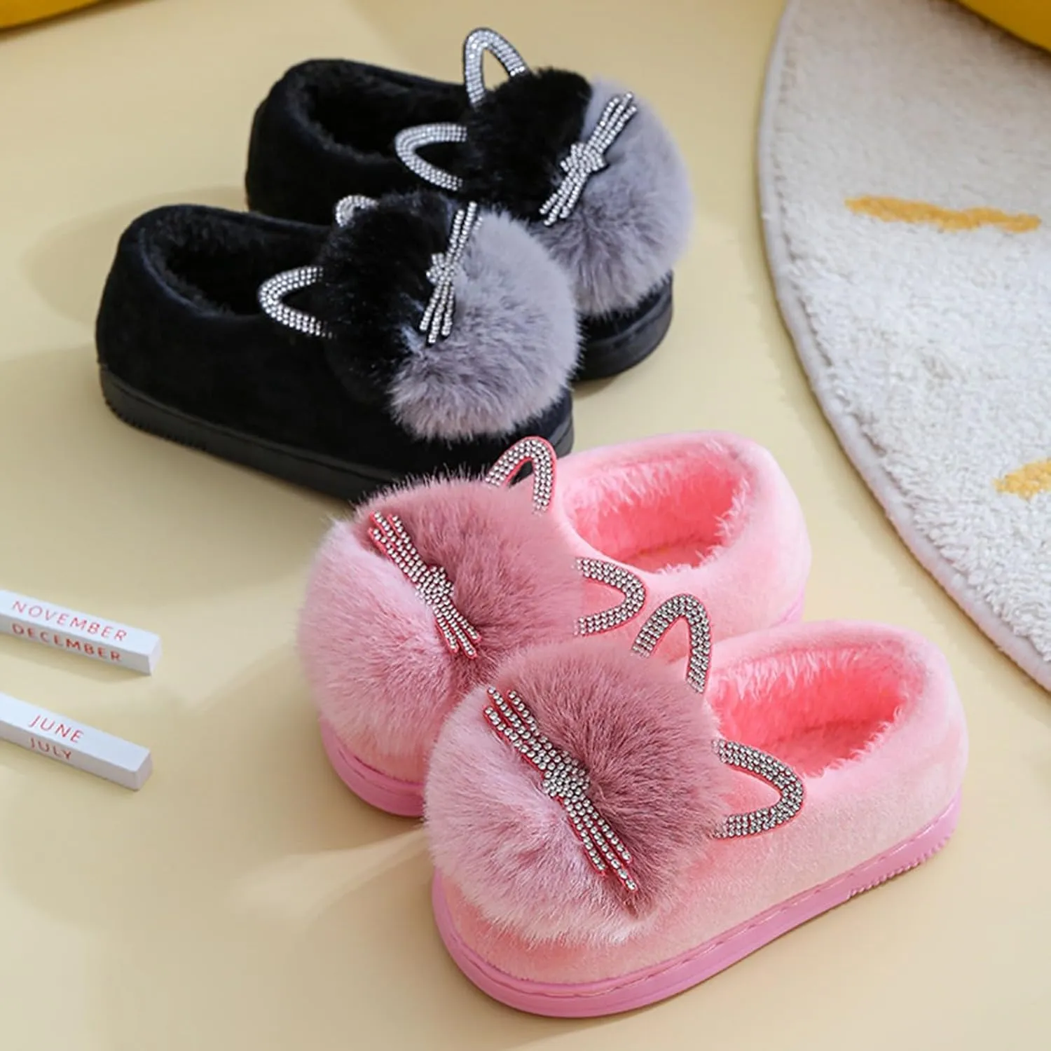 Toddler Fluff Slippers for Girls Boys Warm Household Shoes Winter Indoor Cotton Slippers with Microfleece ?ining