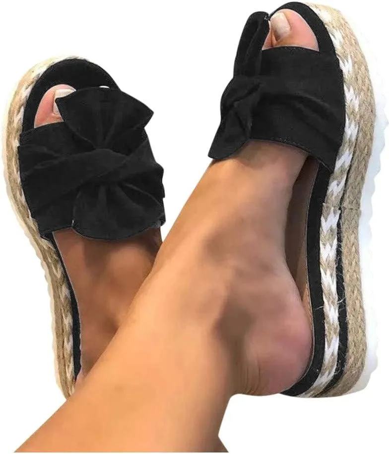 Toe Bow Weave Summer Breathable Open Sandals Flat Slip-On Shoes Women's Beach Women's Sandals Women Heel Sandals New 6.5 (Black, 8)