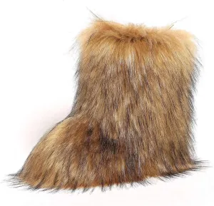 UBWDU Women's Faux Fur Boots Fluffy Fuzzy Furry Snow Boots Winter Mid-Calf Flat Shoes
