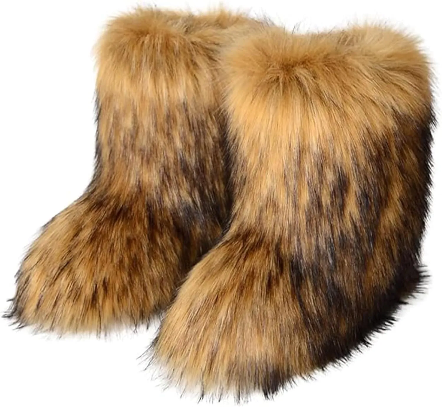 UBWDU Women's Faux Fur Boots Fluffy Fuzzy Furry Snow Boots Winter Mid-Calf Flat Shoes