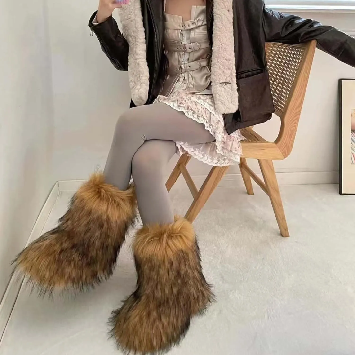 UBWDU Women's Faux Fur Boots Fluffy Fuzzy Furry Snow Boots Winter Mid-Calf Flat Shoes