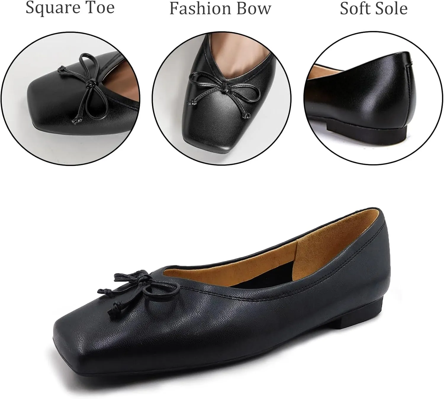 UBWDU Women's Low Heel Flat Shoes Comfortable Square Toe Bowknot Decoration Casual Ballet Shoes