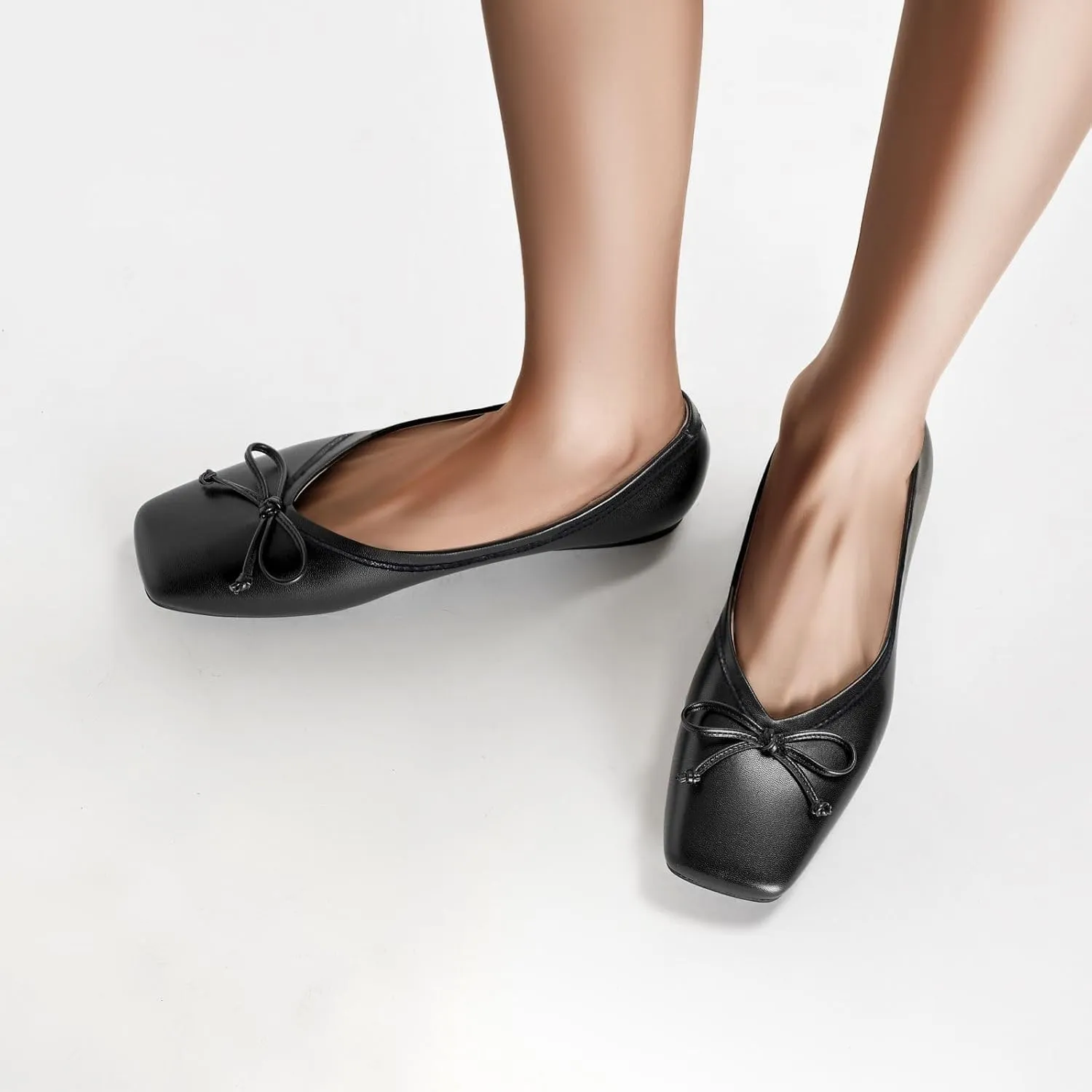 UBWDU Women's Low Heel Flat Shoes Comfortable Square Toe Bowknot Decoration Casual Ballet Shoes