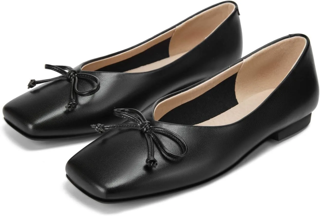UBWDU Women's Low Heel Flat Shoes Comfortable Square Toe Bowknot Decoration Casual Ballet Shoes
