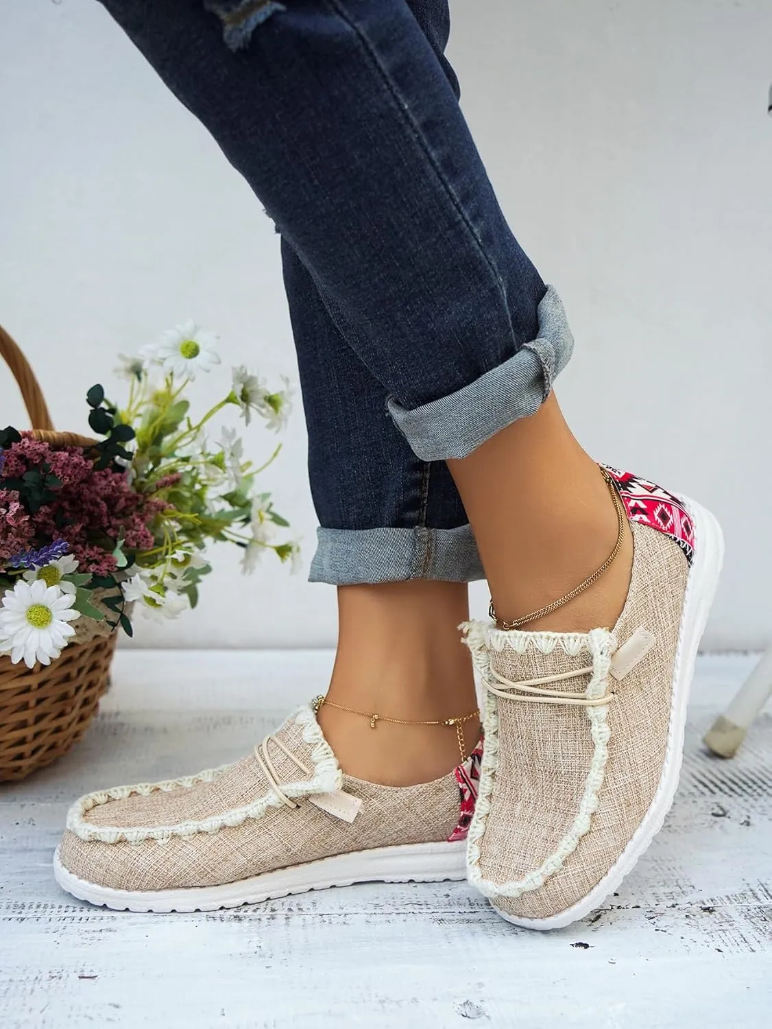 Unisex Canvas Loafers with Back Aztec Print Fabric Decor Elastic Lace-up Slip-on Sneakers Comfort Walking Boat Shoes Ultraight Breathable Sports Shoes for Women/Men Adult/Teenagers, Brown/Khaki/Black