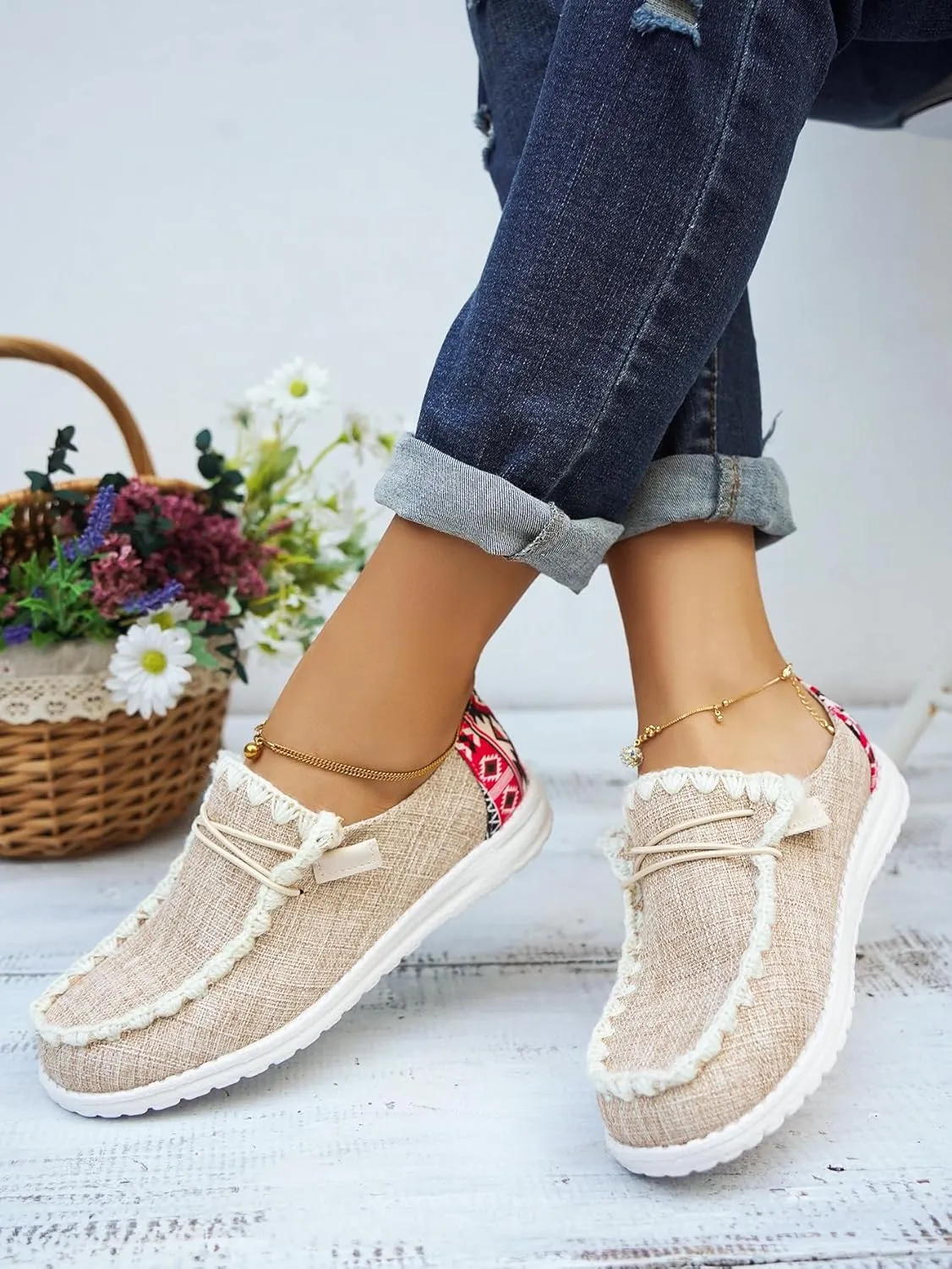 Unisex Canvas Loafers with Back Aztec Print Fabric Decor Elastic Lace-up Slip-on Sneakers Comfort Walking Boat Shoes Ultraight Breathable Sports Shoes for Women/Men Adult/Teenagers, Brown/Khaki/Black