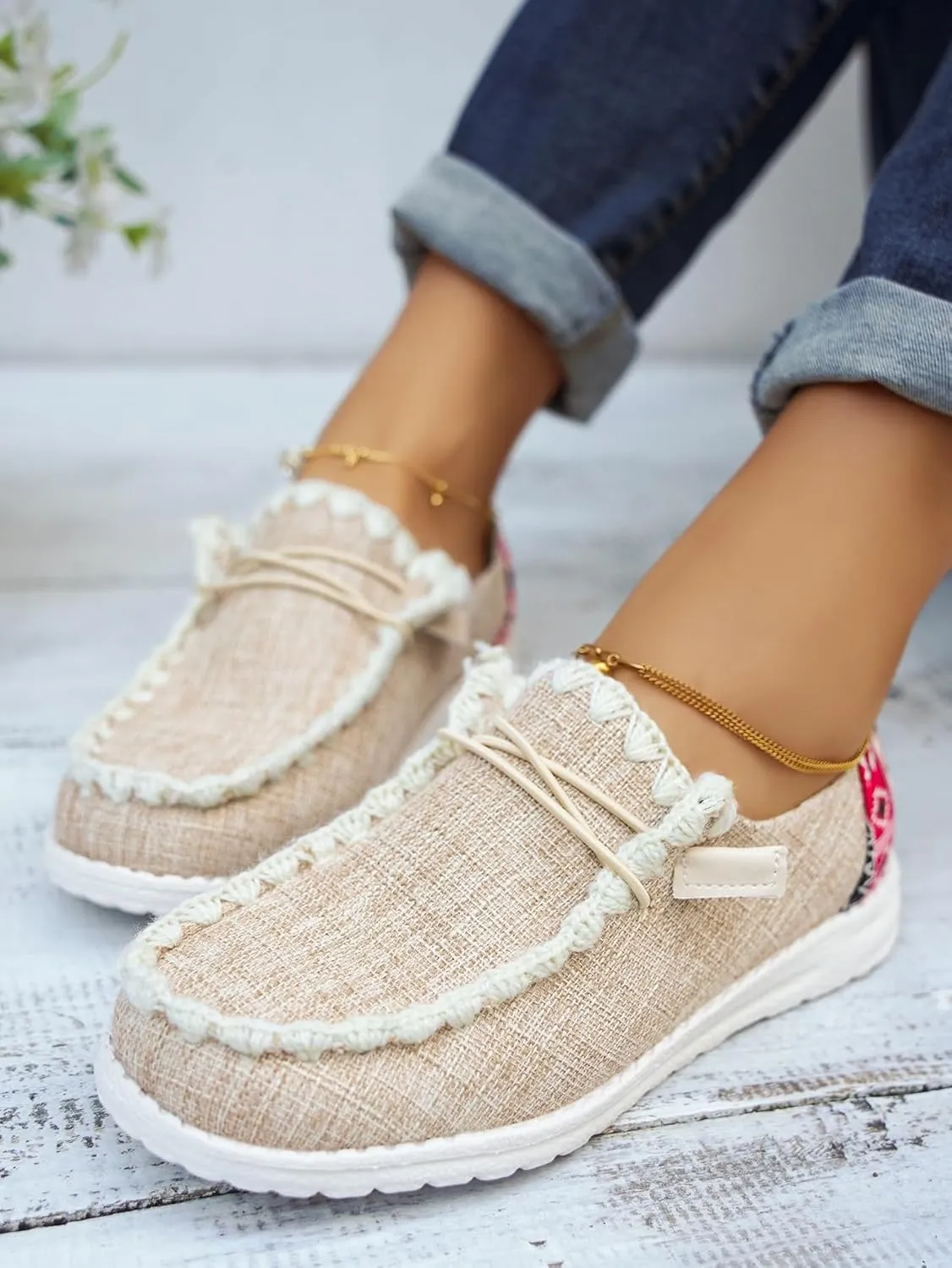 Unisex Canvas Loafers with Back Aztec Print Fabric Decor Elastic Lace-up Slip-on Sneakers Comfort Walking Boat Shoes Ultraight Breathable Sports Shoes for Women/Men Adult/Teenagers, Brown/Khaki/Black
