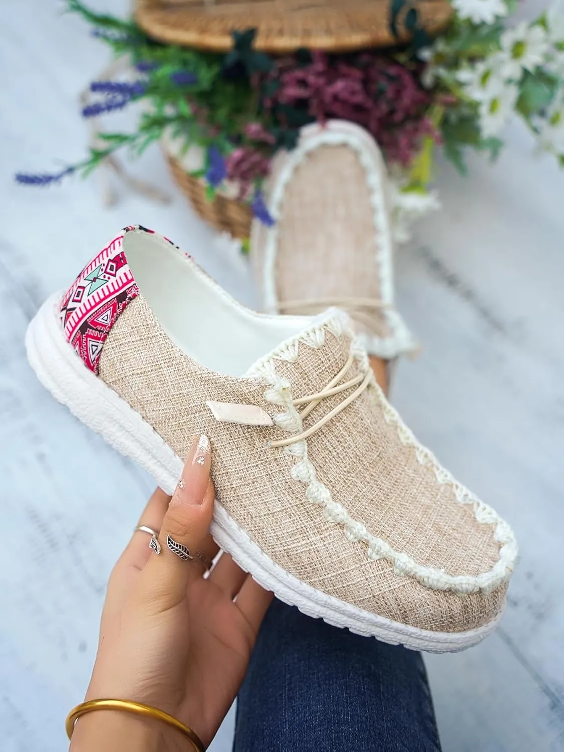 Unisex Canvas Loafers with Back Aztec Print Fabric Decor Elastic Lace-up Slip-on Sneakers Comfort Walking Boat Shoes Ultraight Breathable Sports Shoes for Women/Men Adult/Teenagers, Brown/Khaki/Black
