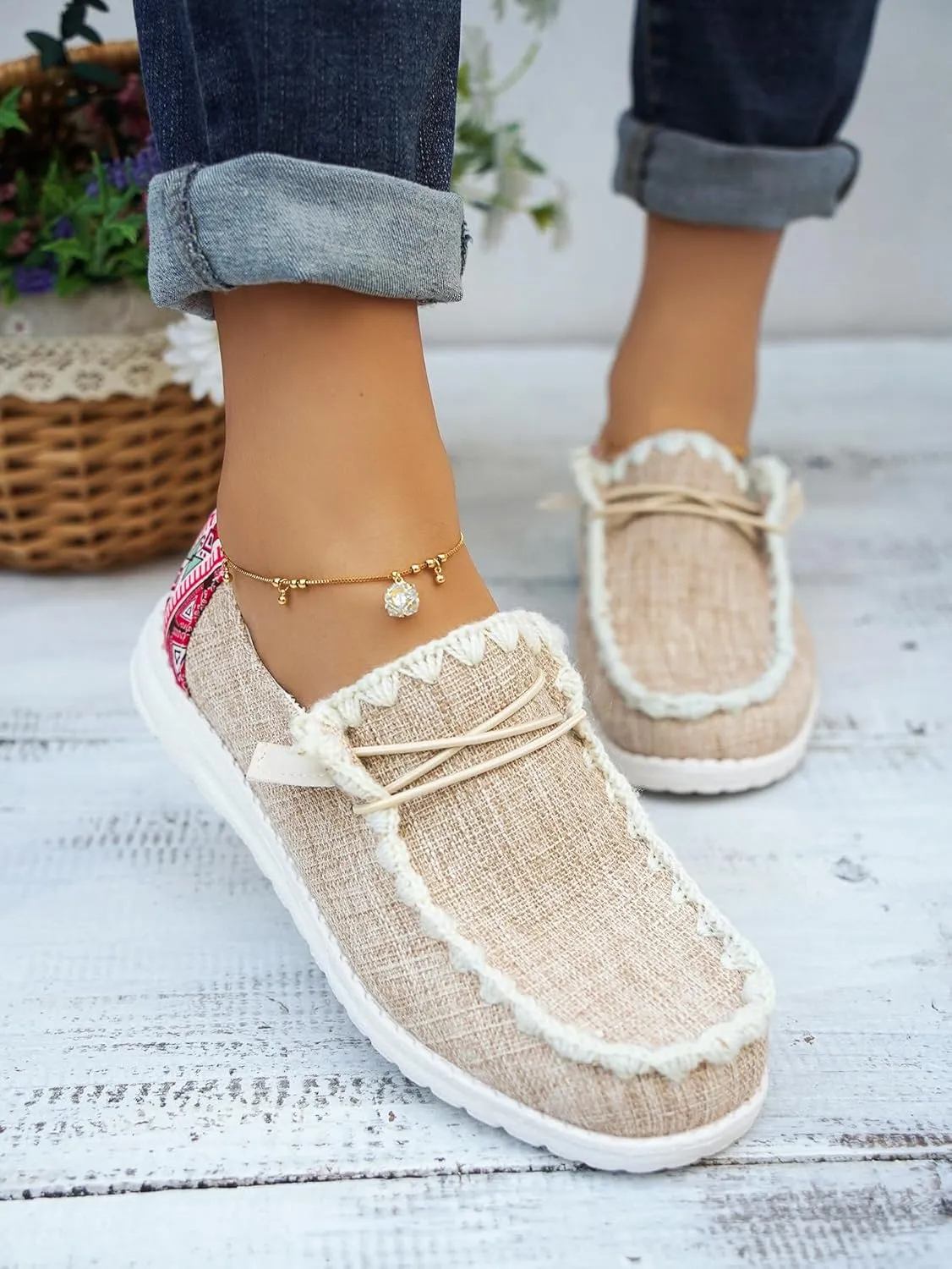Unisex Canvas Loafers with Back Aztec Print Fabric Decor Elastic Lace-up Slip-on Sneakers Comfort Walking Boat Shoes Ultraight Breathable Sports Shoes for Women/Men Adult/Teenagers, Brown/Khaki/Black