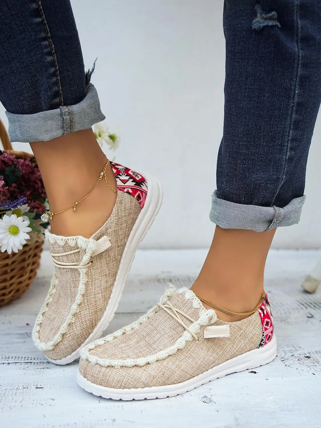 Unisex Canvas Loafers with Back Aztec Print Fabric Decor Elastic Lace-up Slip-on Sneakers Comfort Walking Boat Shoes Ultraight Breathable Sports Shoes for Women/Men Adult/Teenagers, Brown/Khaki/Black