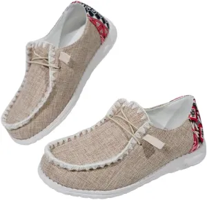 Unisex Canvas Loafers with Back Aztec Print Fabric Decor Elastic Lace-up Slip-on Sneakers Comfort Walking Boat Shoes Ultraight Breathable Sports Shoes for Women/Men Adult/Teenagers, Brown/Khaki/Black