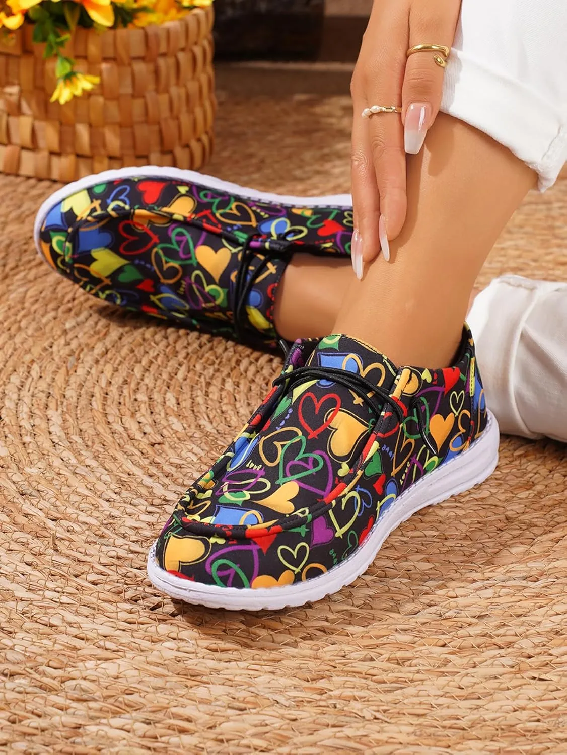 Unisex Versatile Pattern Print Canvas Loafers Elastic Strips Closure Slip-on Sneakers Comfort Walk Boat Shoes Lightweight Breathable Sports Shoes for Women/Men Adult/Big-Kid, Couple Shoes, Multicolor