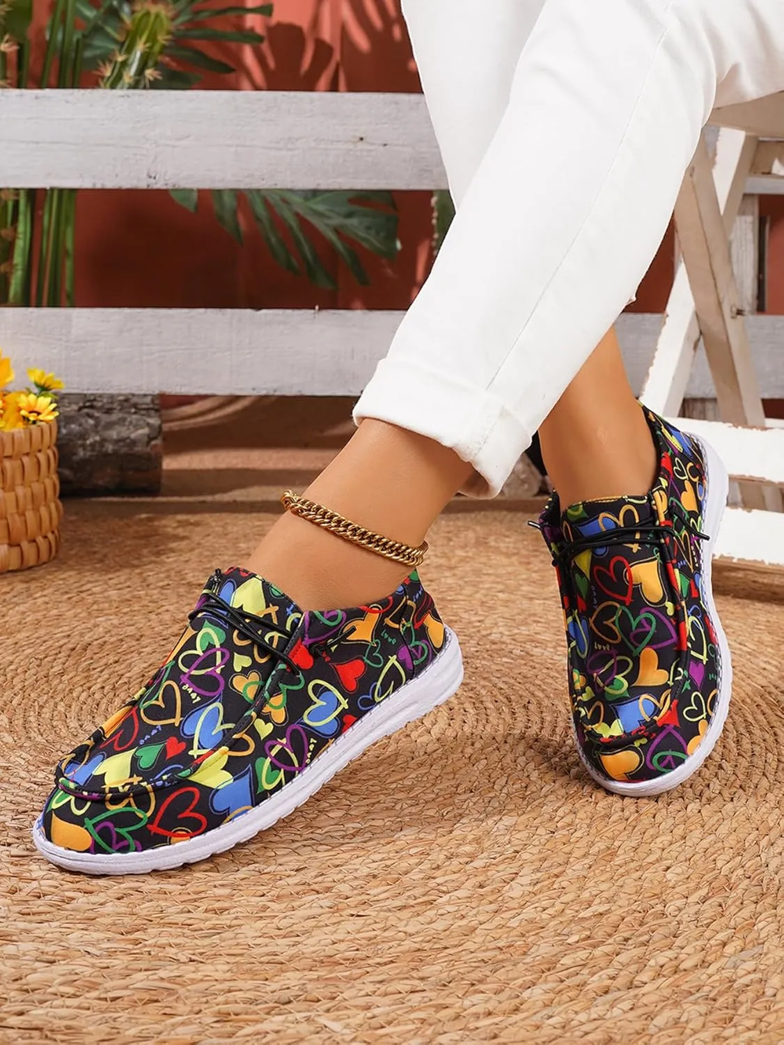 Unisex Versatile Pattern Print Canvas Loafers Elastic Strips Closure Slip-on Sneakers Comfort Walk Boat Shoes Lightweight Breathable Sports Shoes for Women/Men Adult/Big-Kid, Couple Shoes, Multicolor