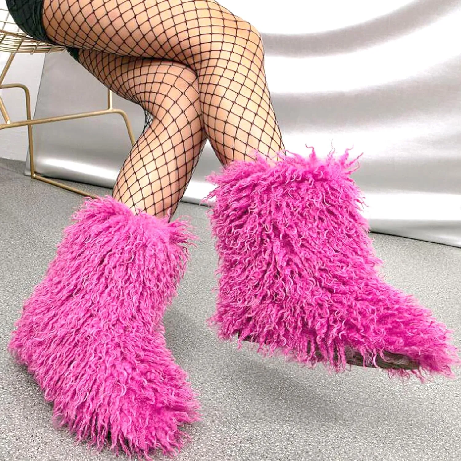 Valpeak Faux Fur Boots for Women 2024 Mongolian Furry y2k for Girls Winter Fluffy Fuzzy