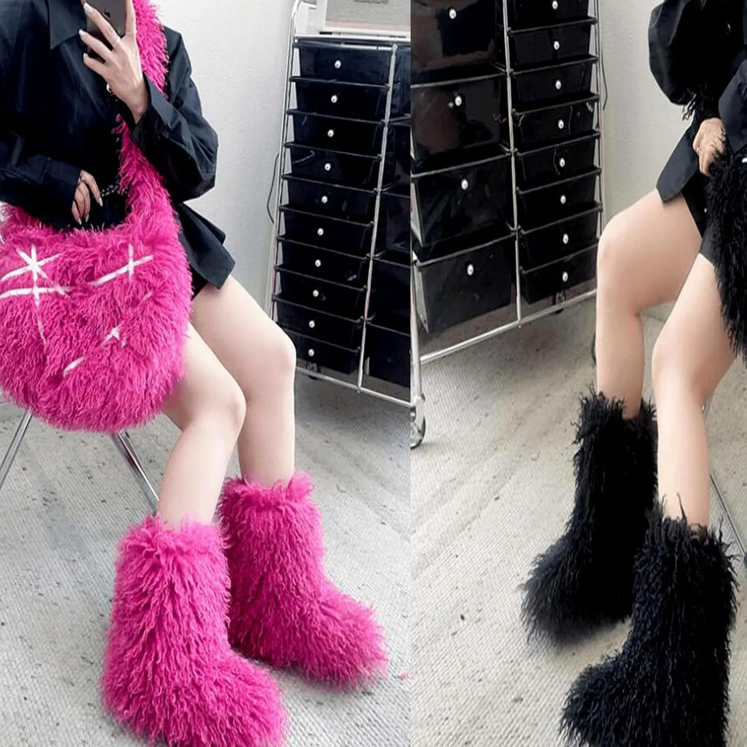 Valpeak Faux Fur Boots for Women 2024 Mongolian Furry y2k for Girls Winter Fluffy Fuzzy