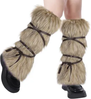 Viking Faux Fur Leg Warmers Leather Wraps Medieval Furry Boot Covers Halloween Warrior Costume Accessory Women