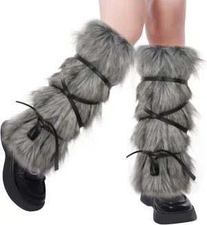 Viking Faux Fur Leg Warmers Leather Wraps Medieval Furry Boot Covers Halloween Warrior Costume Accessory Women