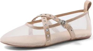 VIMISAOI Leopard Flats for Women Mesh Ballet Flats with Strappy Fishnet Buckle Round Toe Mary Jane Ballerina Shoes Dress Shoes