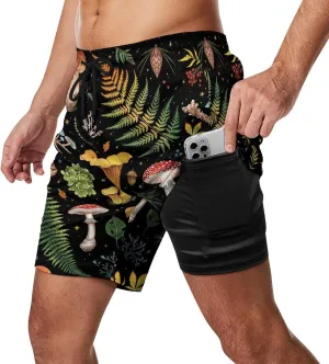 Vintage Mushroom Print Shorts Mens Beach Short Compression Liner Short Pants Workout Shorts Quick Dry Stretch