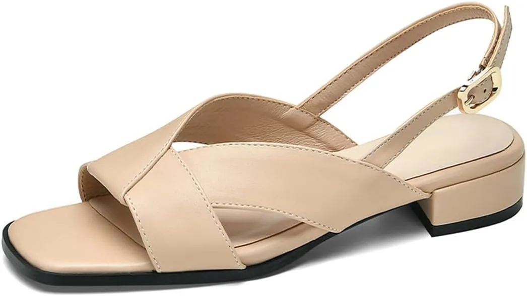 VOKLIN Women's Casual Comfort Flat Low Heels Sandals Open Toe Buckle Slingback Summer Dress Heeled Sandal