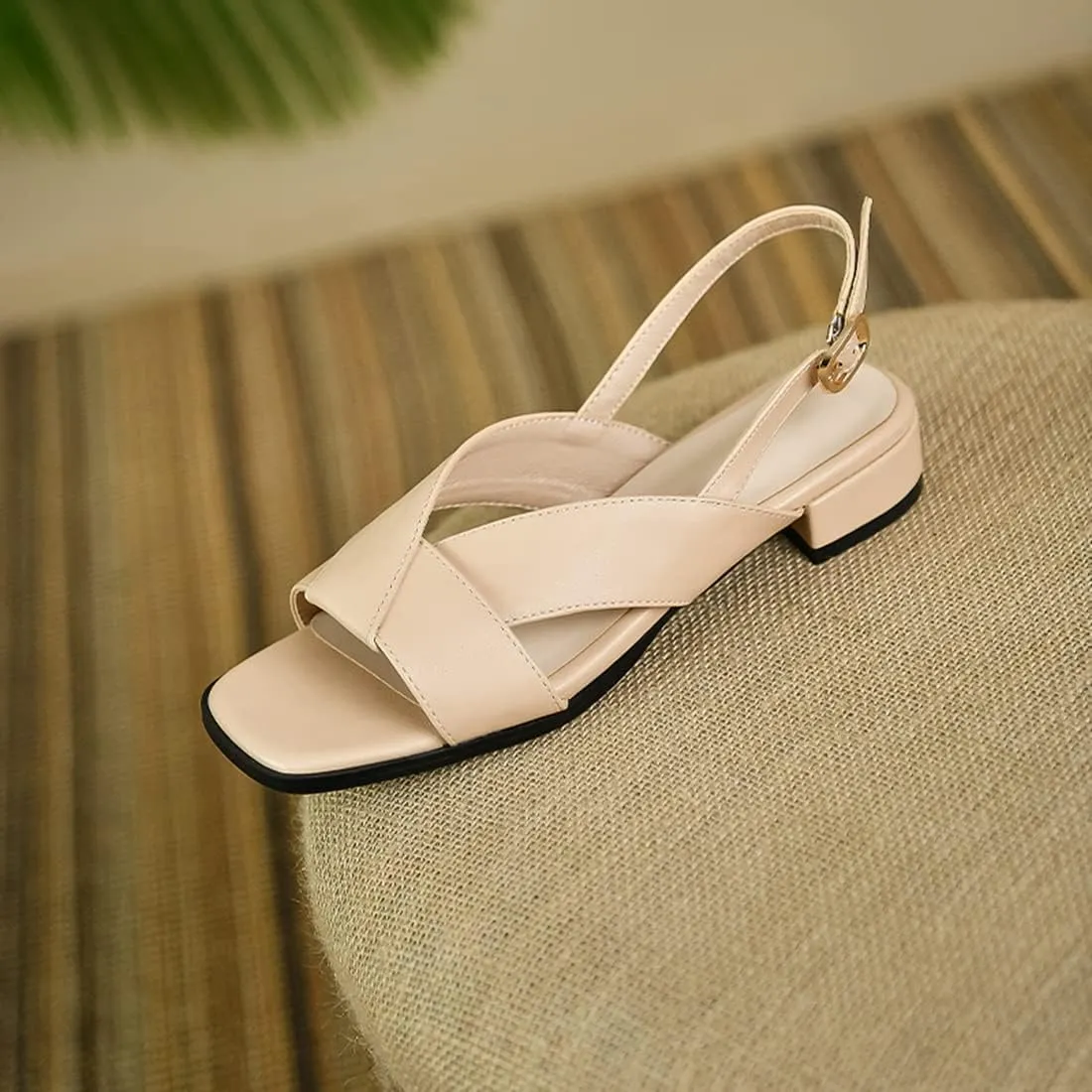 VOKLIN Women's Casual Comfort Flat Low Heels Sandals Open Toe Buckle Slingback Summer Dress Heeled Sandal