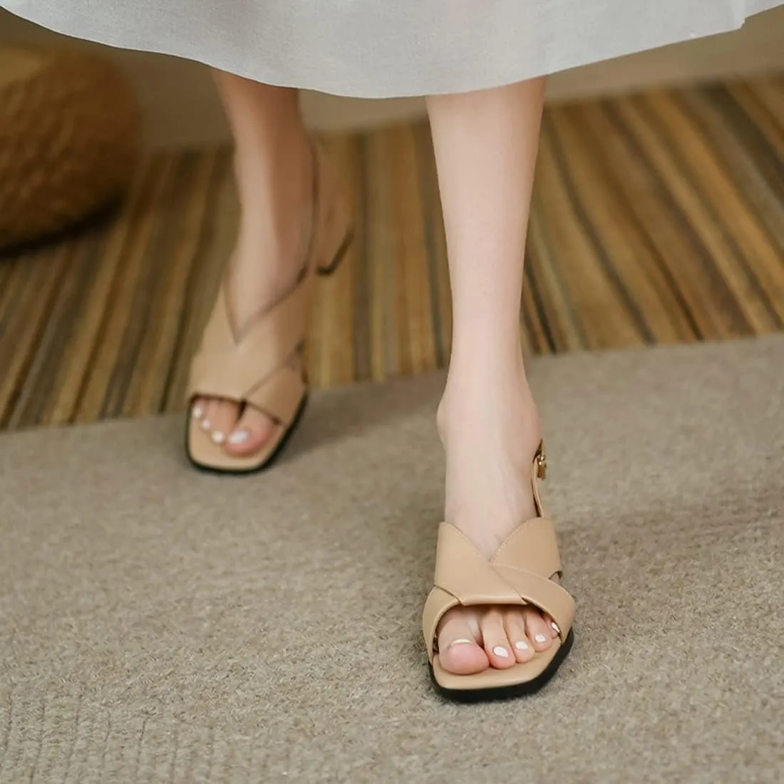 VOKLIN Women's Casual Comfort Flat Low Heels Sandals Open Toe Buckle Slingback Summer Dress Heeled Sandal