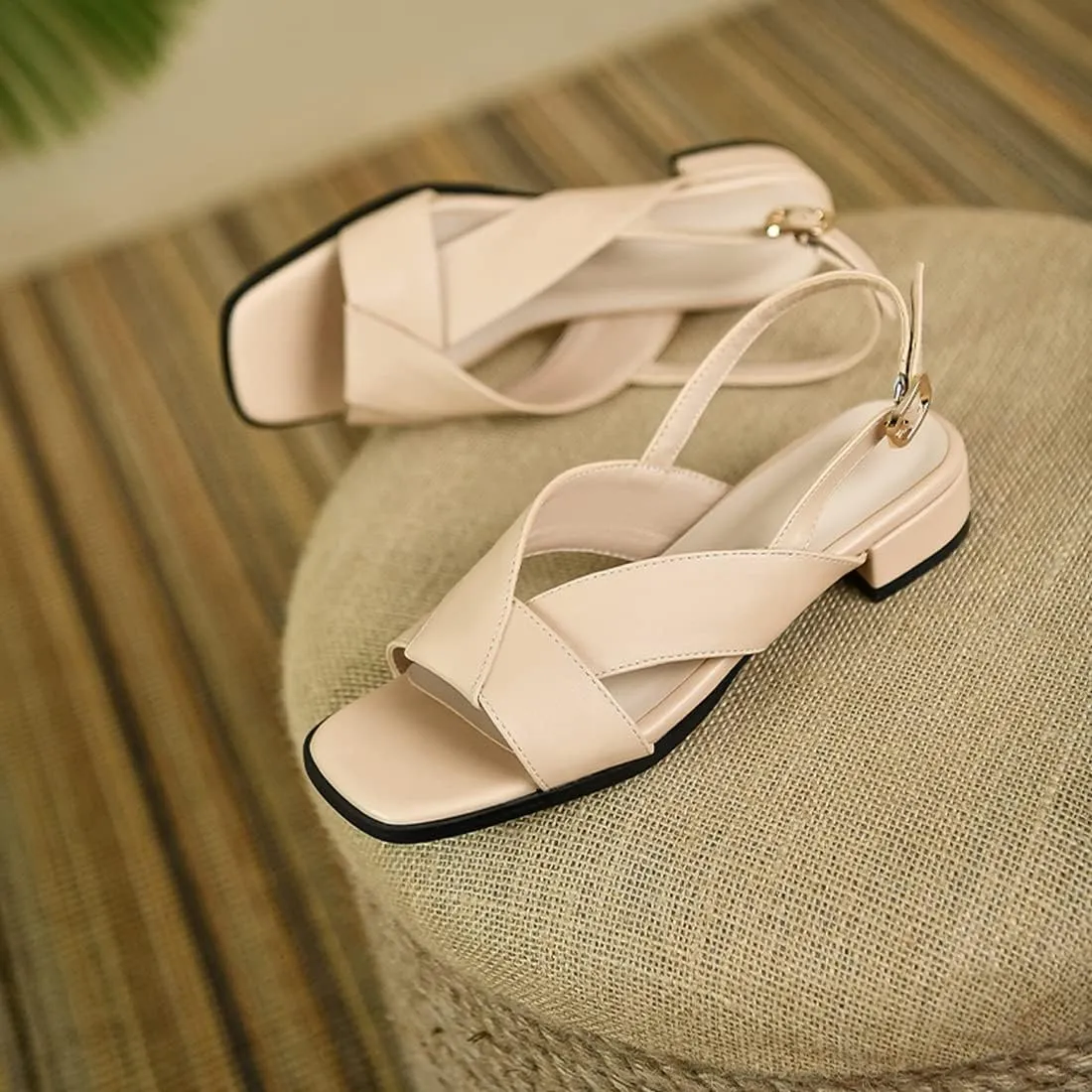 VOKLIN Women's Casual Comfort Flat Low Heels Sandals Open Toe Buckle Slingback Summer Dress Heeled Sandal
