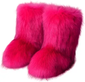 Waiirek Furry Boots for Women Fuzzy Fluffy Snow Boot Faux Fur Colorful with Round Toe Water Resistant Flat Shoes Rubber Sole for Girls Outdoor Christmas Fashion Party Gifts