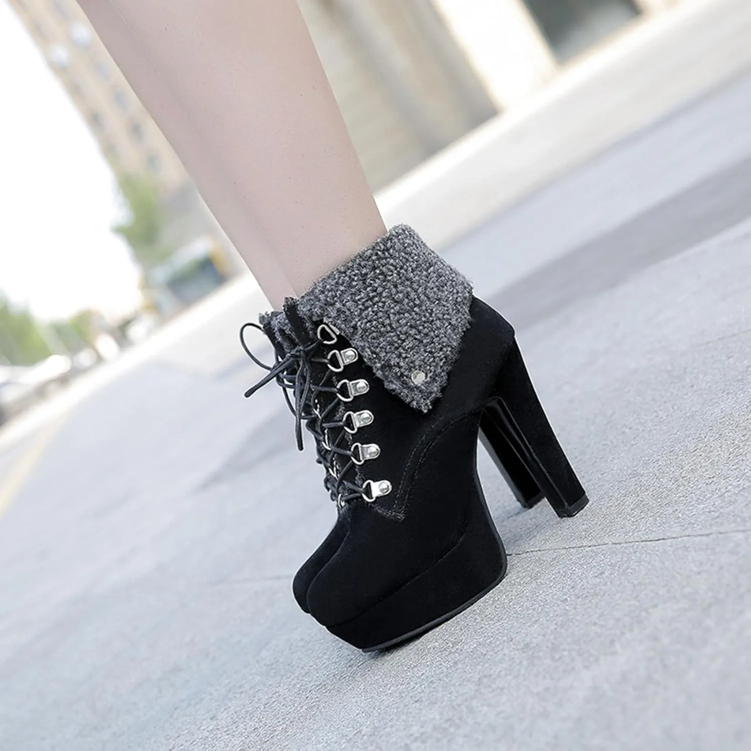 Warm Snow Boot for Women Cute Fold Over Fur Ankle Booties Chunky Block High Heels Lace Up Platform Winter Short Boots
