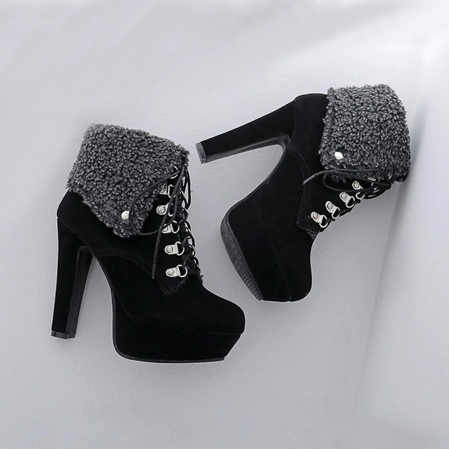 Warm Snow Boot for Women Cute Fold Over Fur Ankle Booties Chunky Block High Heels Lace Up Platform Winter Short Boots