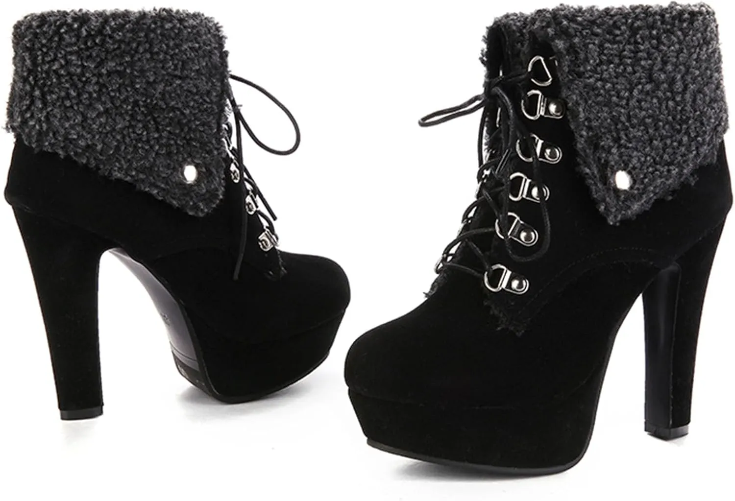 Warm Snow Boot for Women Cute Fold Over Fur Ankle Booties Chunky Block High Heels Lace Up Platform Winter Short Boots